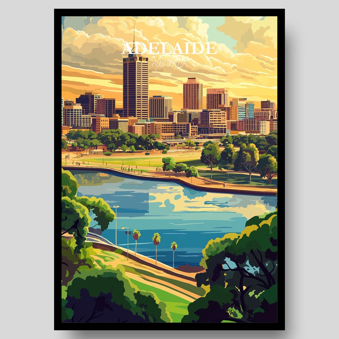 Adelaide Australia City Skyline River Sunset Retro Travel Poster