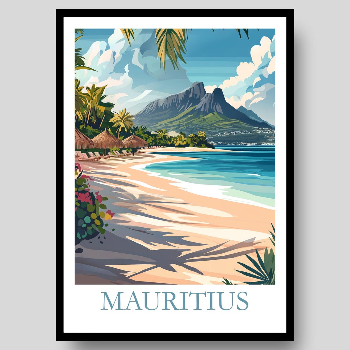 Mauritius Vintage Beach Mountain Palm Umbrellas Seaside Poster