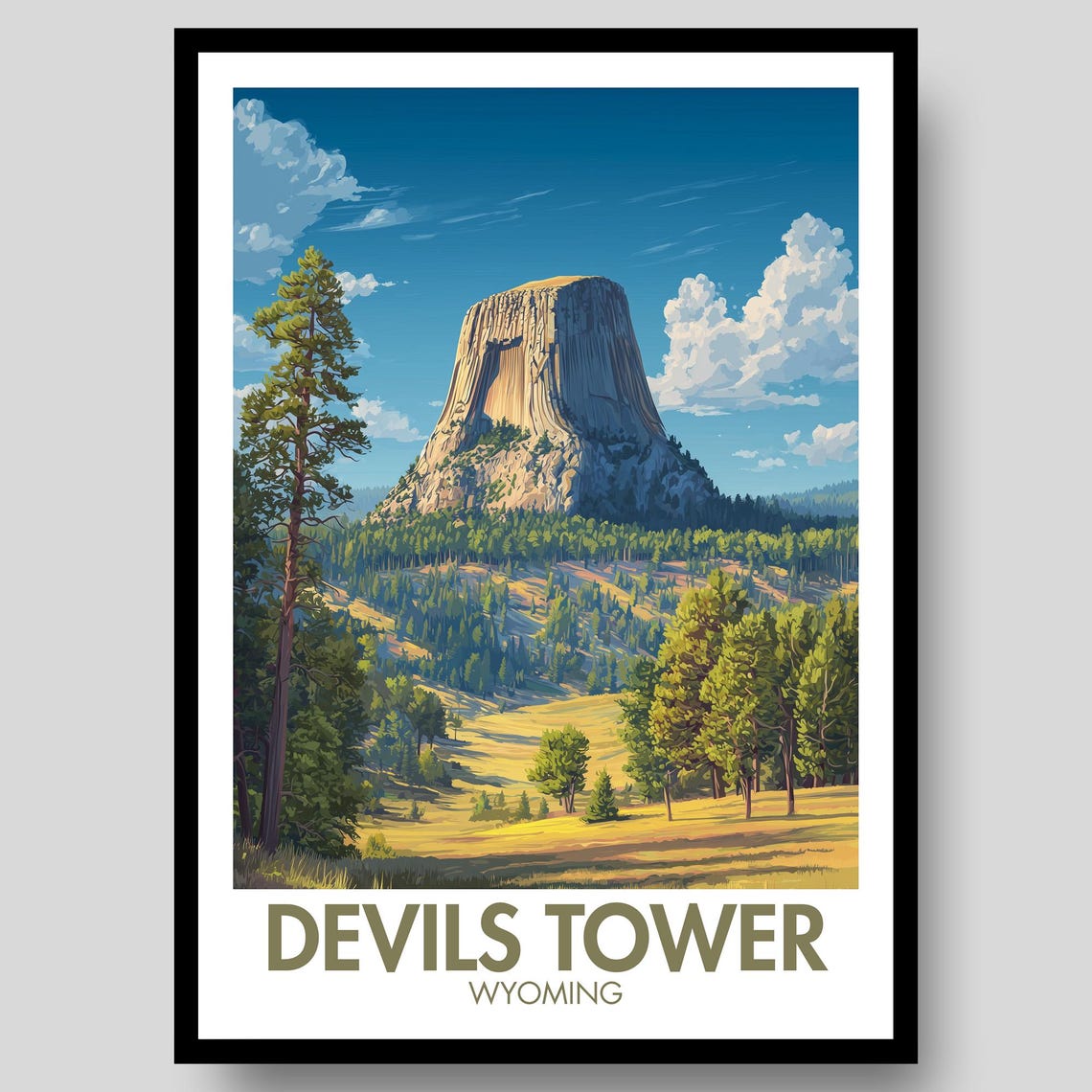 Devils Tower Wyoming Rock Formation Pine Forest Valley Poster