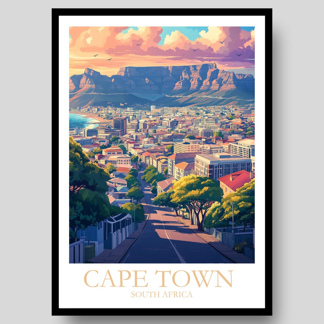 Cape Town South Africa Table Mountain City Sunset Art Poster