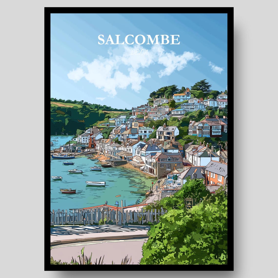 Salcombe Devon Harbour Boats Hillside Cottages Turquoise Sea Poster
