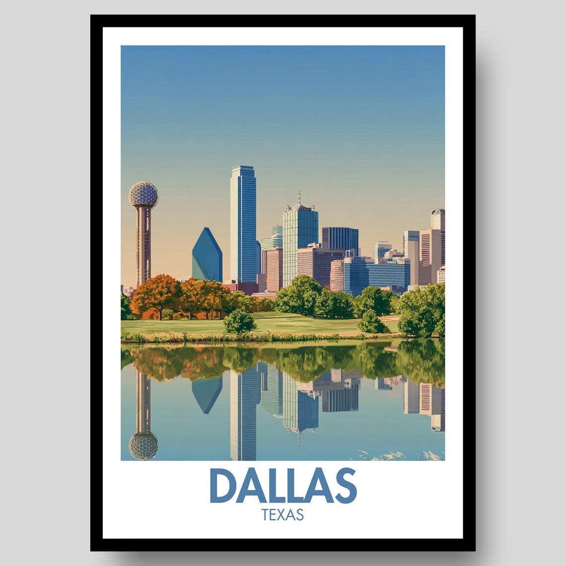 Dallas Texas Reunion Tower Lake Reflection Skyline Poster Art