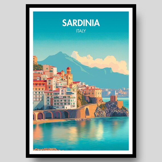 Sardinia Italy Arched Bridge Coastal Town Retro Travel Art Poster