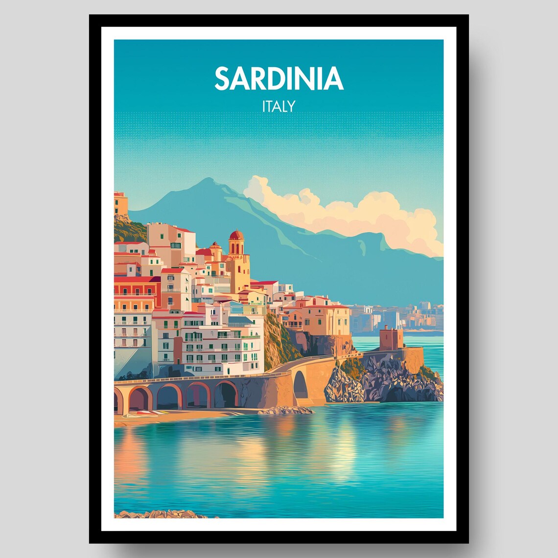 Sardinia Italy Arched Bridge Coastal Town Retro Travel Art Poster