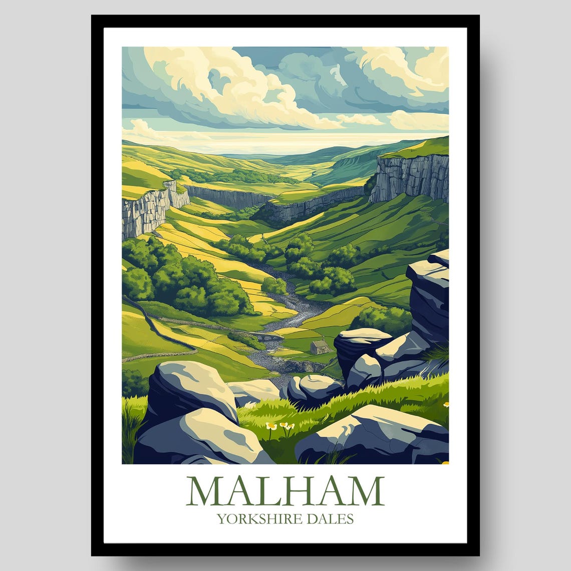 Malham Yorkshire Dales Limestone Valley Rolling Hills Travel Poster