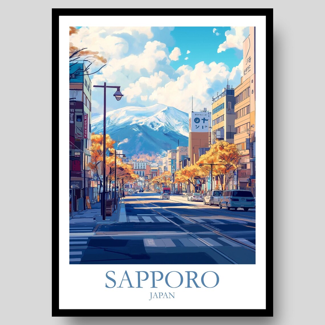 Sapporo Japan City Street Autumn Trees Snow Mountain Travel Poster