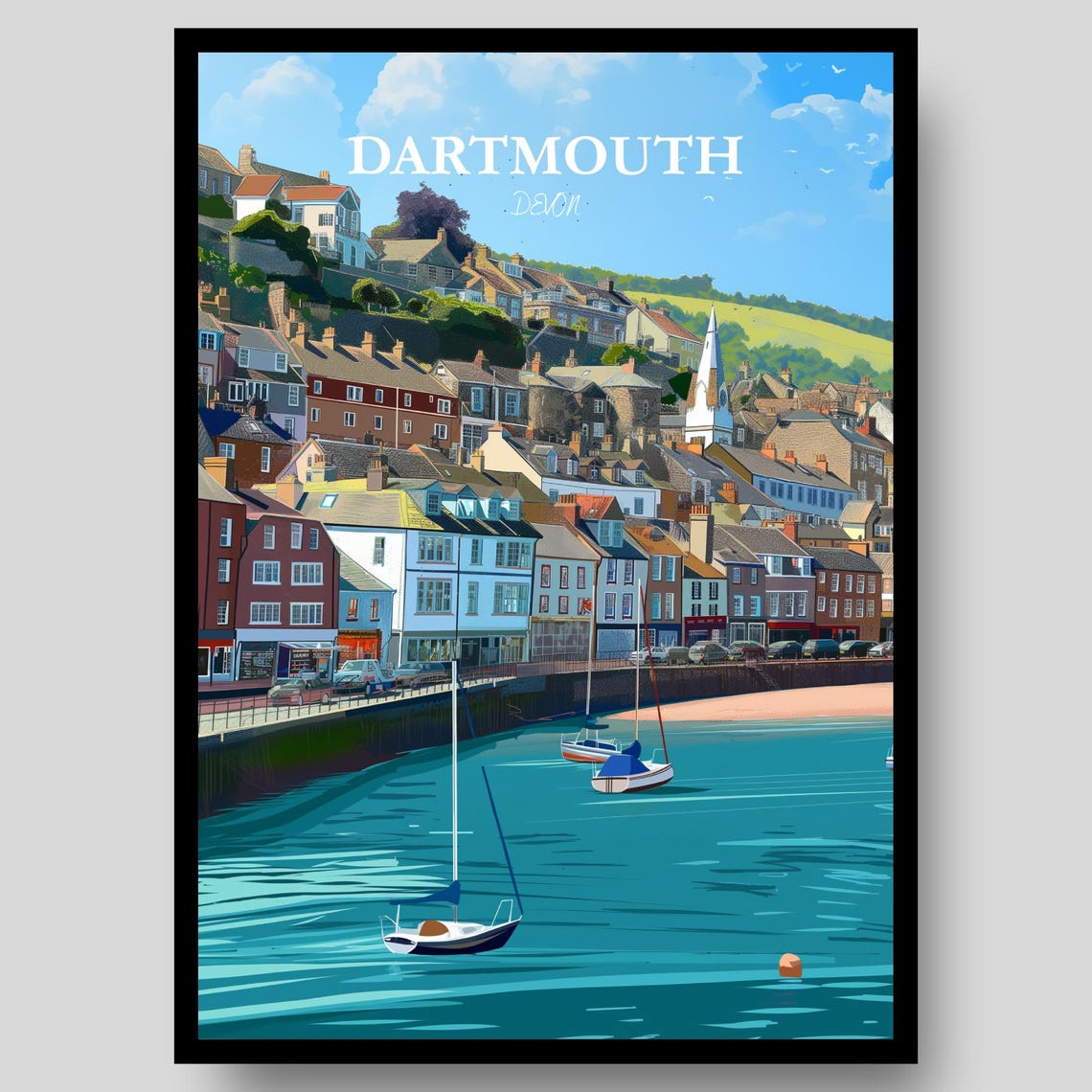 Dartmouth Devon Harbour Sailboats Hillside Houses Coast Poster