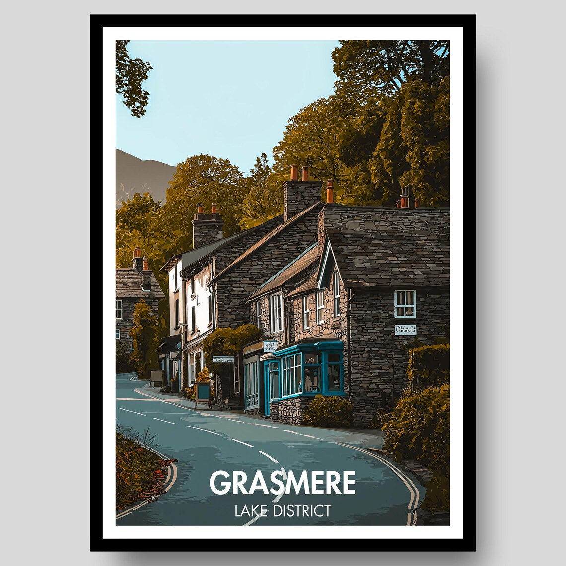Grasmere Lake District Stone Cottage Lane Vintage Travel Poster