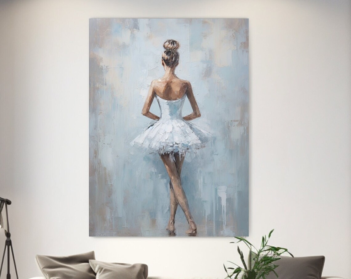 Ballerina Back View White Tutu Blue Gray Oil Painting Dance Wall Art