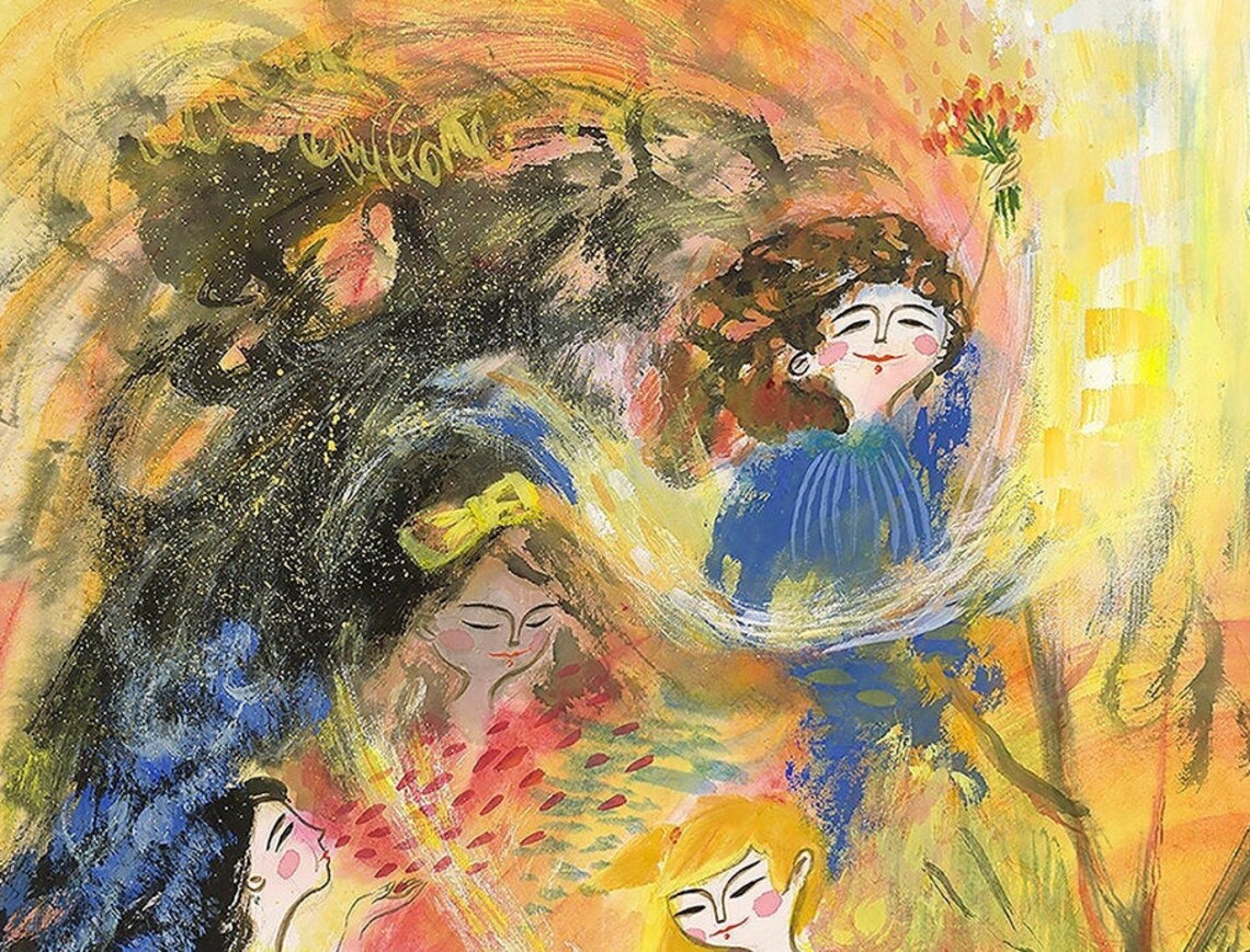 Four Girls Gathering Flowers Joyful Watercolor Art Room Poster - Image 4
