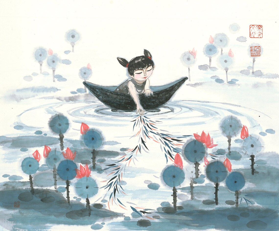 Girl Boat Waterlily Chinese Painting Art Print