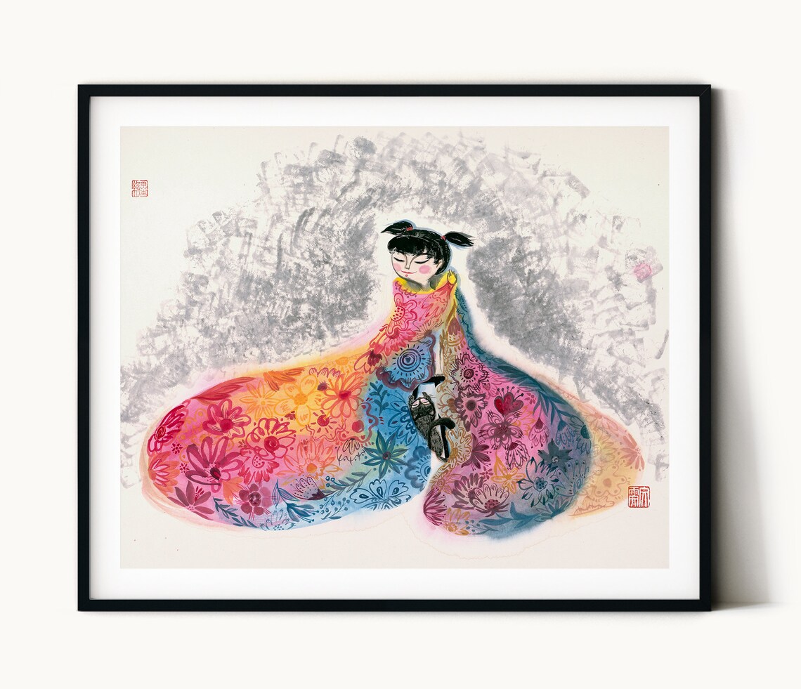 Chinese Ink Flowers and Girls Kids Room Art Print - Image 3