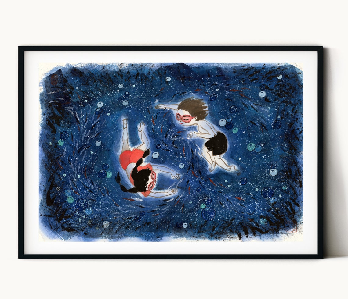 Ocean Art Print Swimming Kids Print Painting Happyness Painting Print Chinese Painting Print Home Wall Decor Kids Room Art Wall Art - Image 3