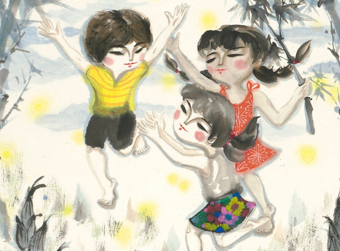 Kids Dancing Bamboo Forest Fireflies Ink Wash Art Nighttime Poster - Image 4