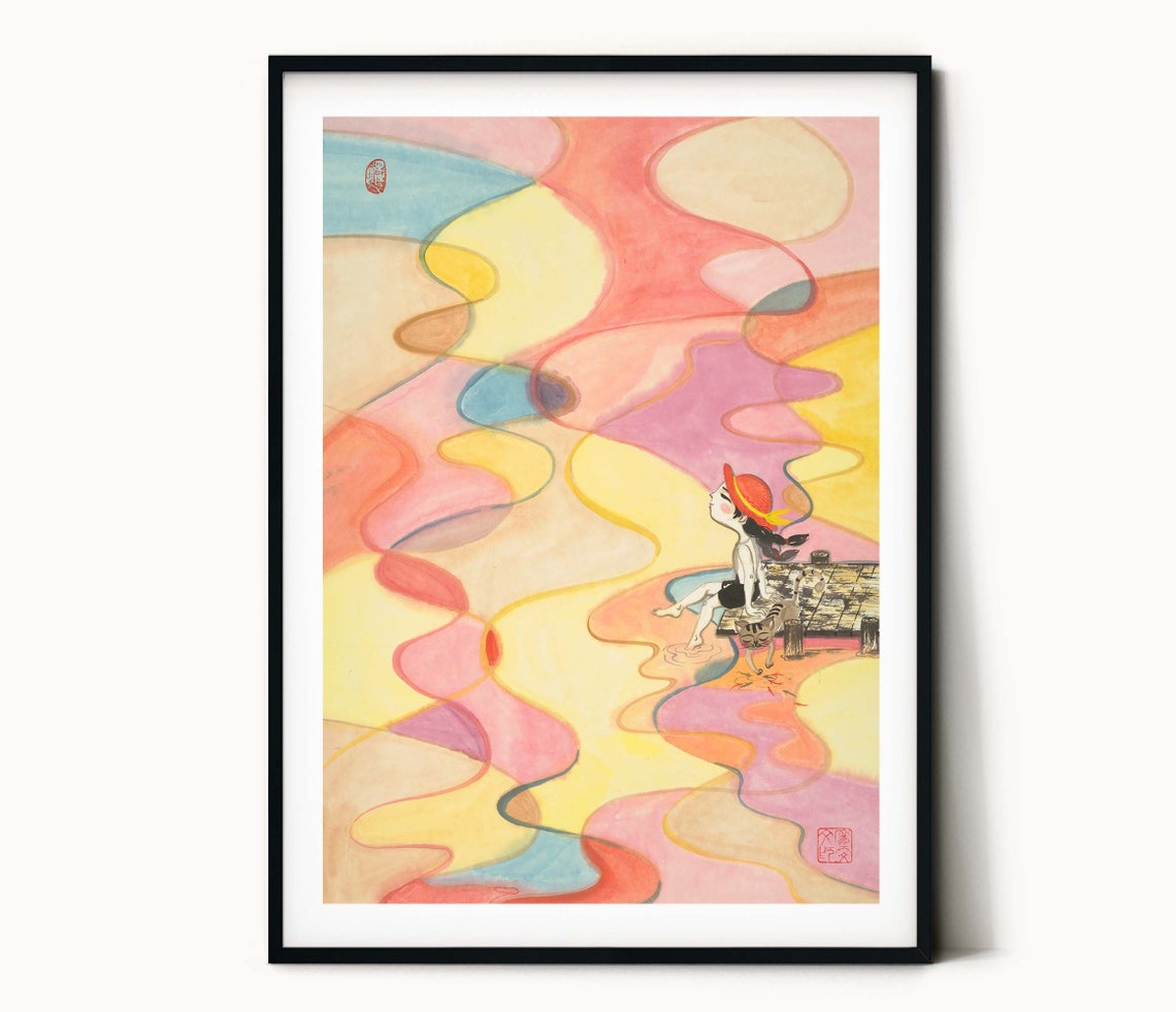 Calm Art Print Girl And Cat Print Painting Calm Painting Print Chinese Painting Print Home Wall Decor Kids Room Art Wall Art - Image 3