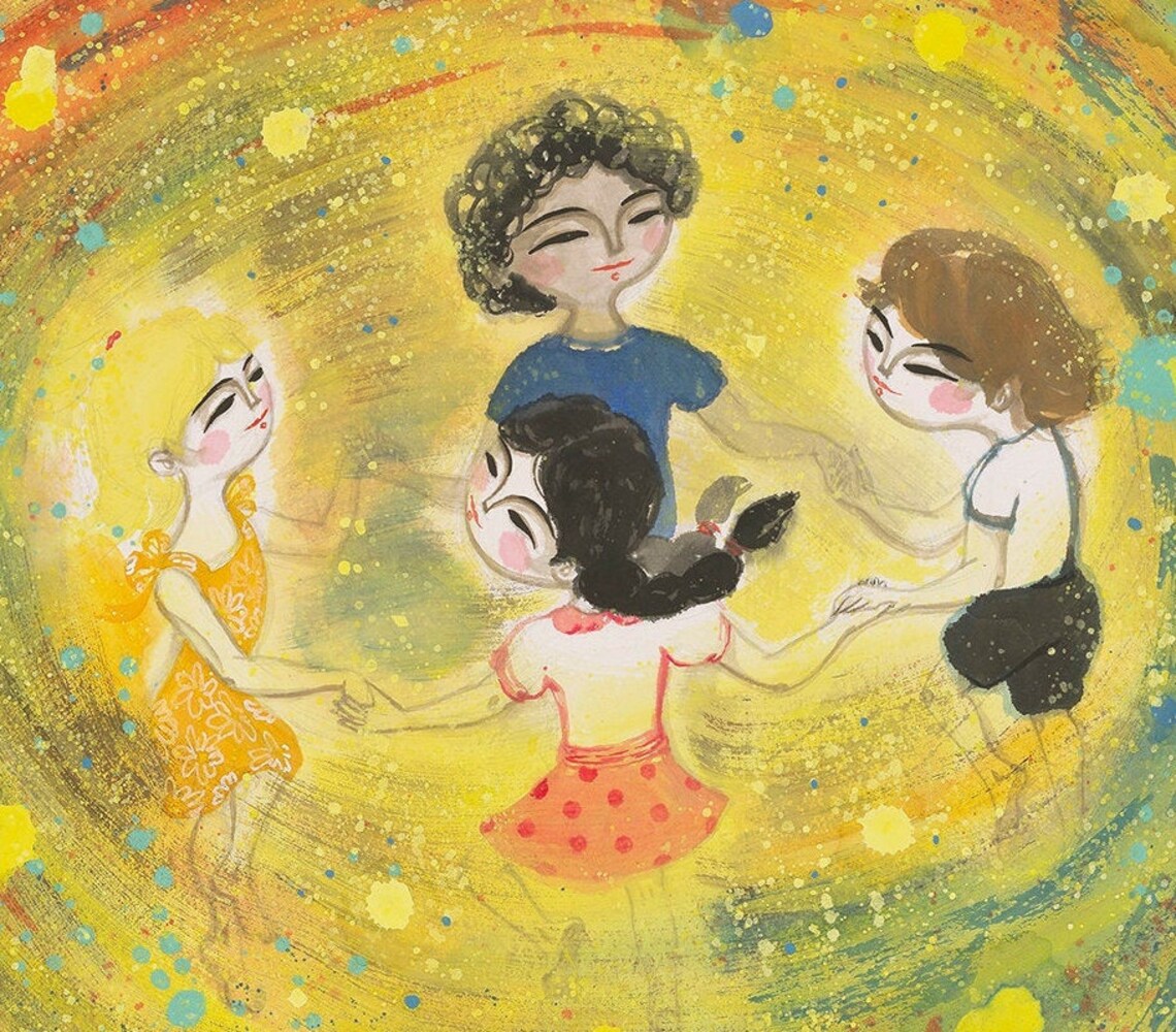Four Kids Dancing Circle Golden Swirl Children Art Happy Poster - Image 4