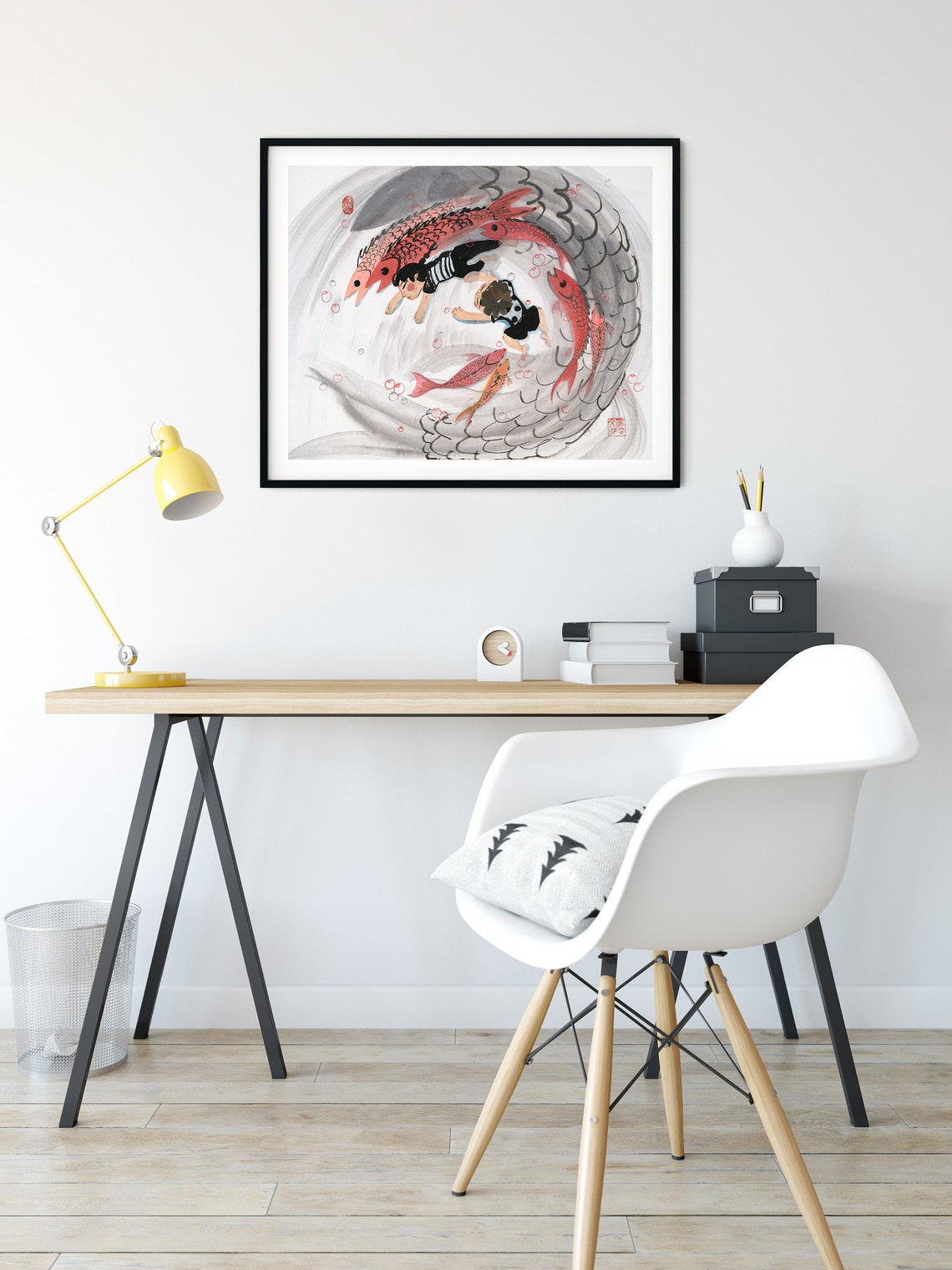Two Kids Swimming With Koi Fish Swirl Ink Wash Playful Poster - Image 4