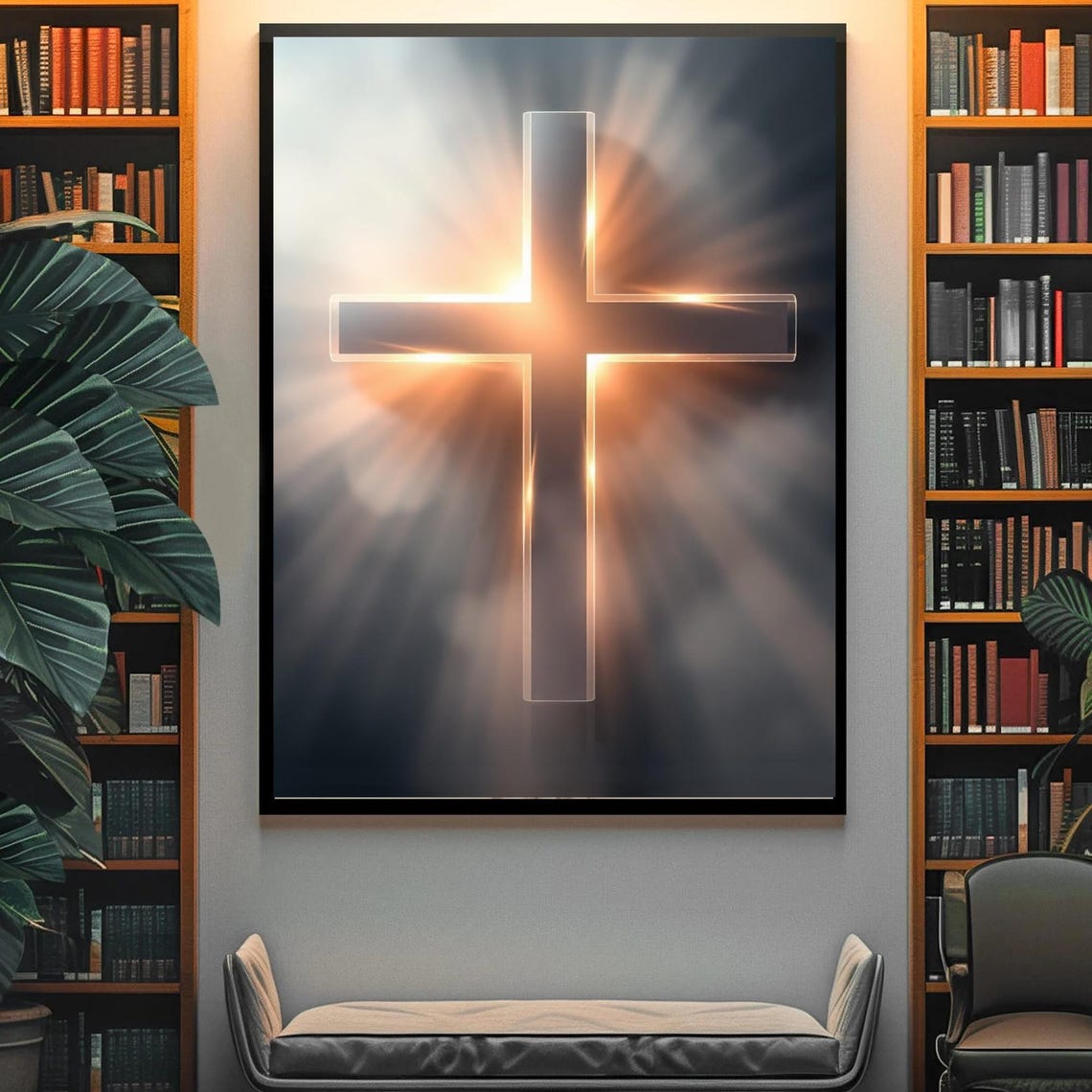 Glowing Cross Divine Light Rays Dark Cloudy Sky Faith Christian Poster - Image 4