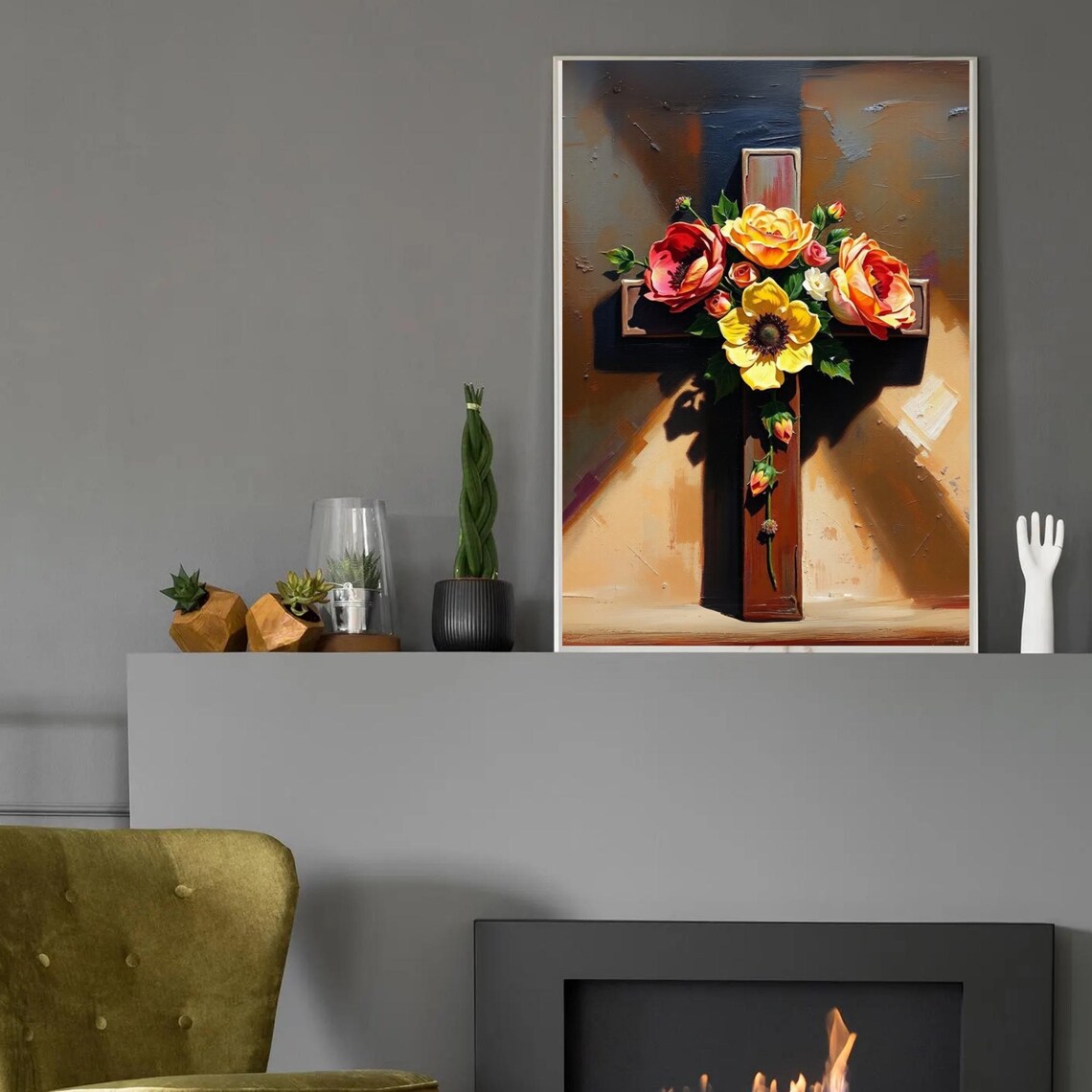 Wooden Cross With Red And Yellow Roses Warm Light Faith Wall Poster - Image 2