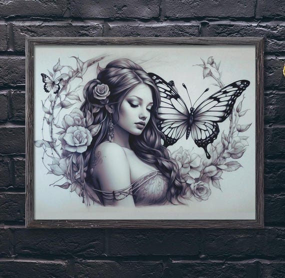 Butterfly Woman Wall Art Black And White Sketch Wall Decor Instant Office Decor Monochrome Wall Art Modern Neutral Home Decor