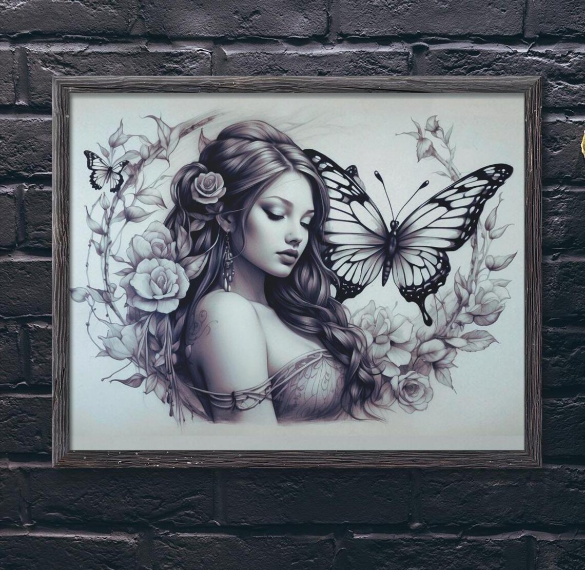 Butterfly Woman With Roses Sketch Black And White Fantasy Poster