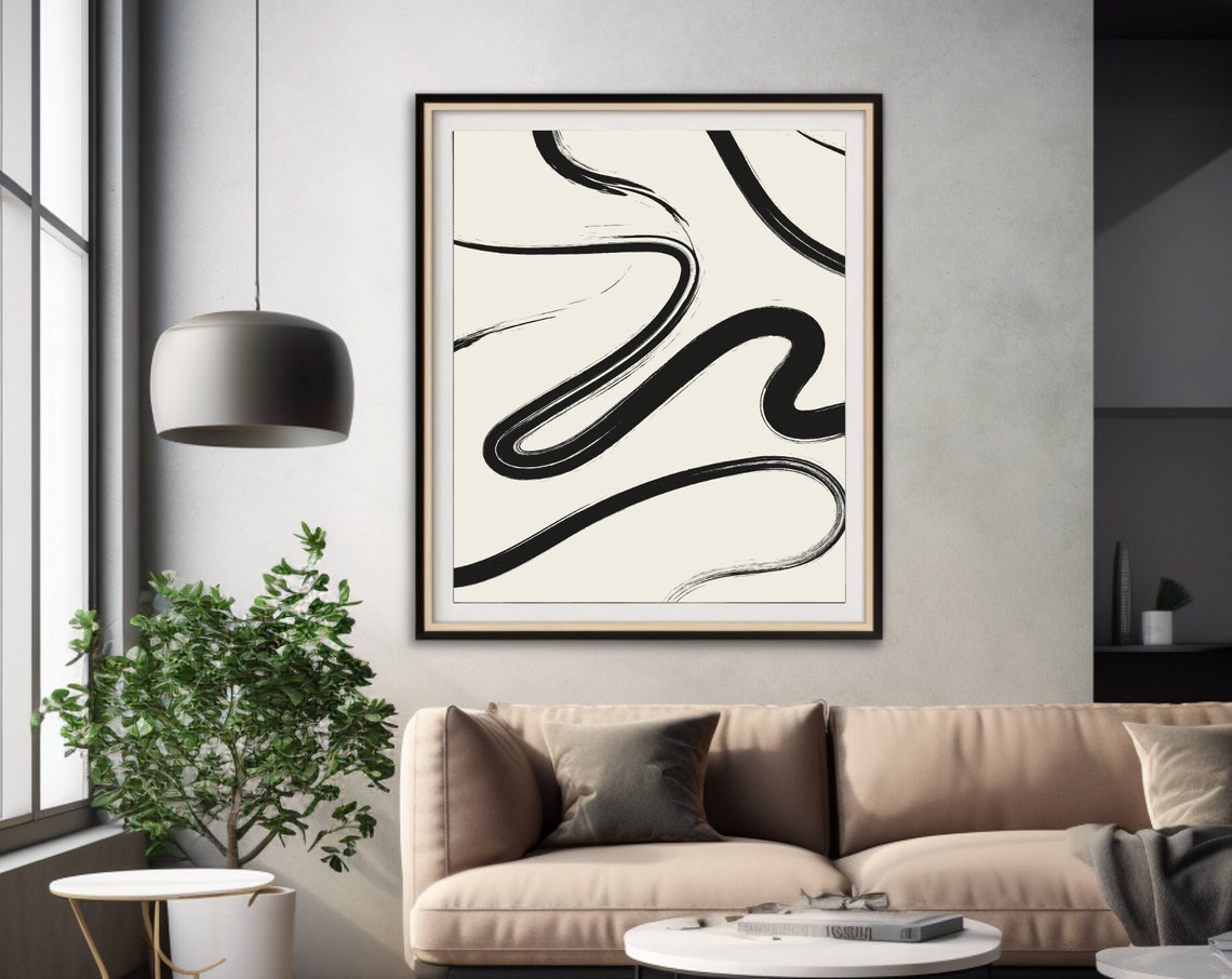 Black Ink Ribbon Waves On Ivory Minimalist Abstract Art Poster