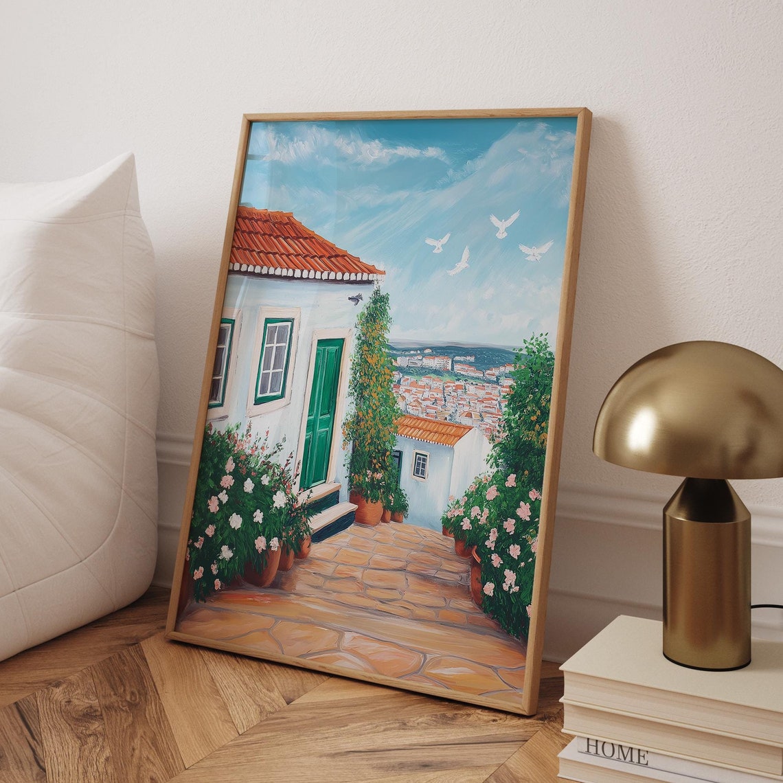 Mediterranean Coastal Town White House Roses Oil Painting Poster