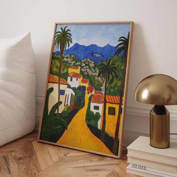 Mediterranean Hillside Village Poster Impasto Oil Painting Palm Trees Road