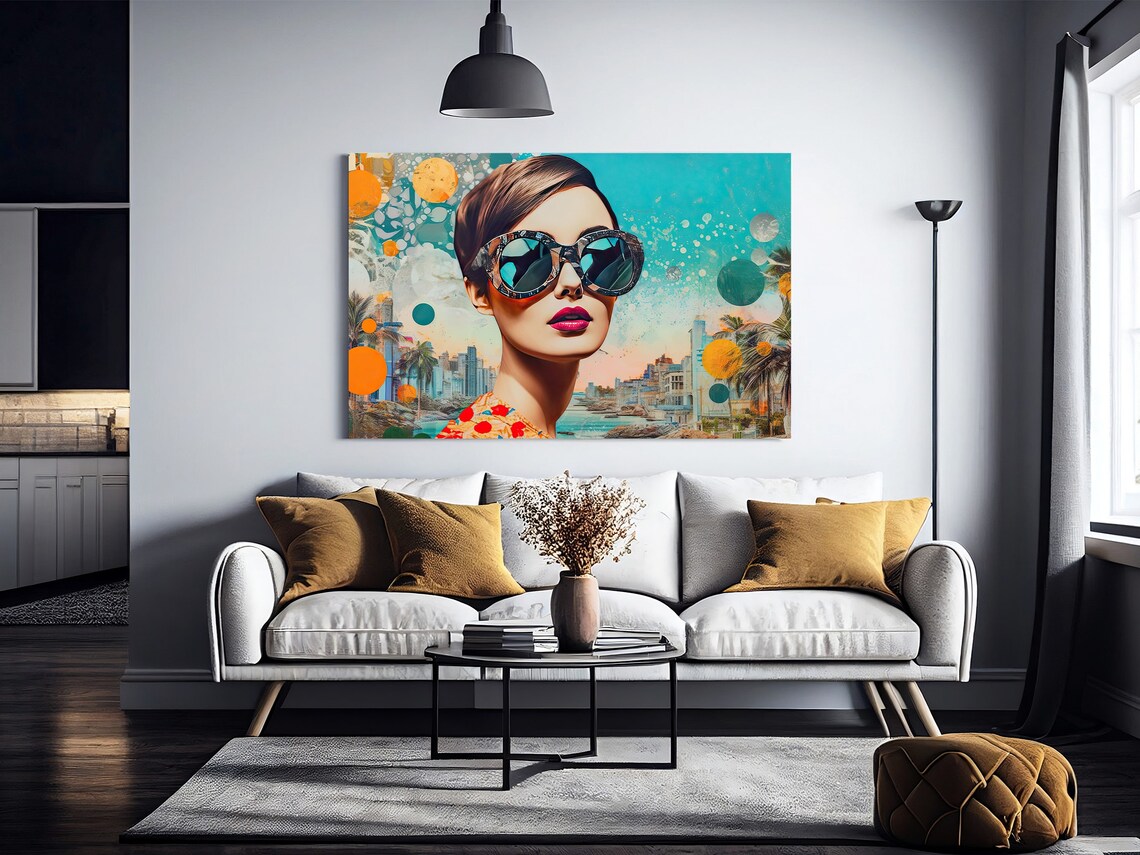 Retro Lady Patterned Sunglasses Coastal City Collage Dopamine Art Poster - Image 3