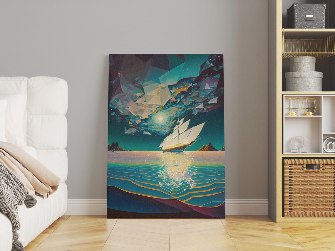 Prismatic Tall Ship Sailing Under Galaxy Night Crystal Sea Art Poster - Image 2