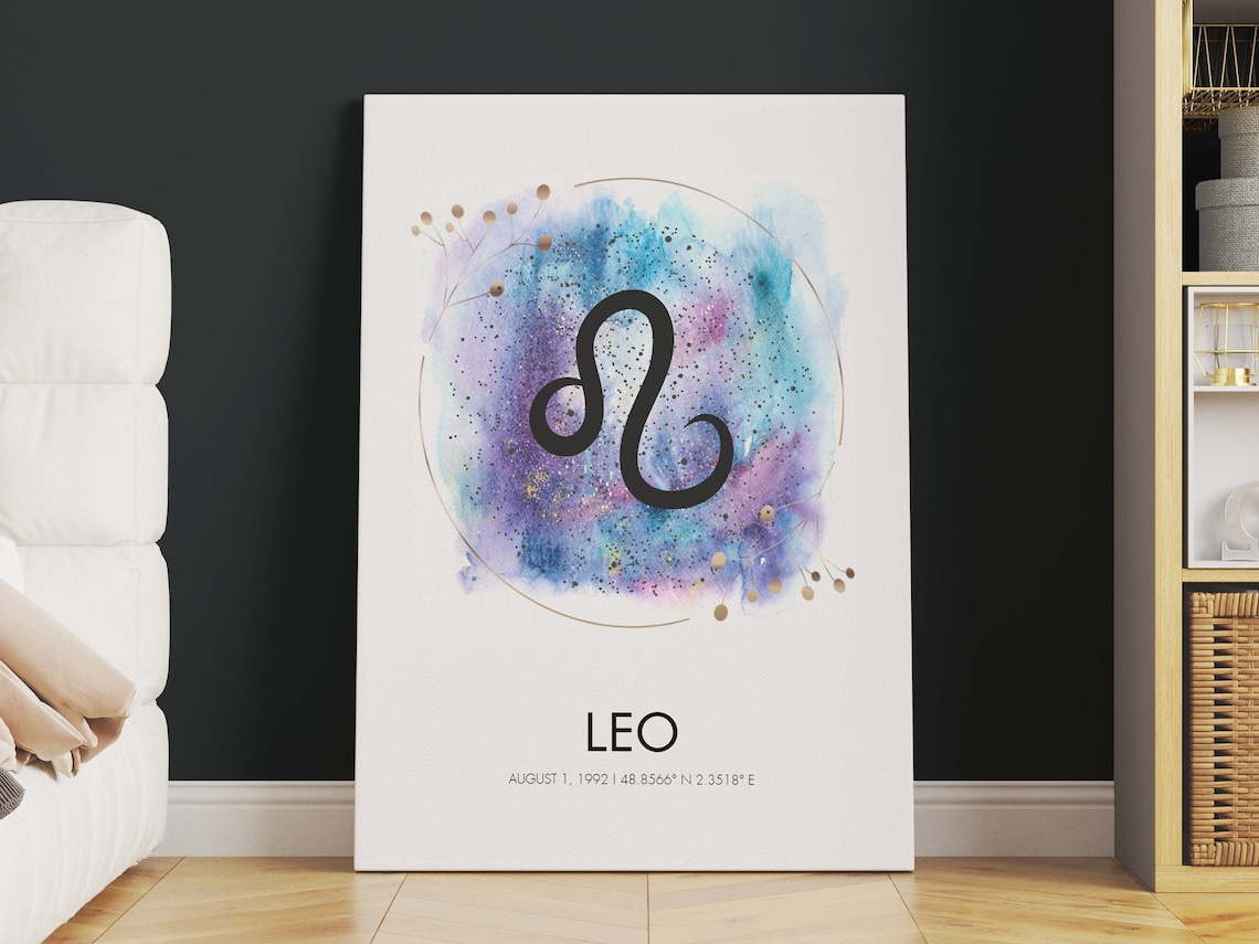 Personalized Leo Zodiac Sign Watercolor Canvas Birth Date Decor Poster