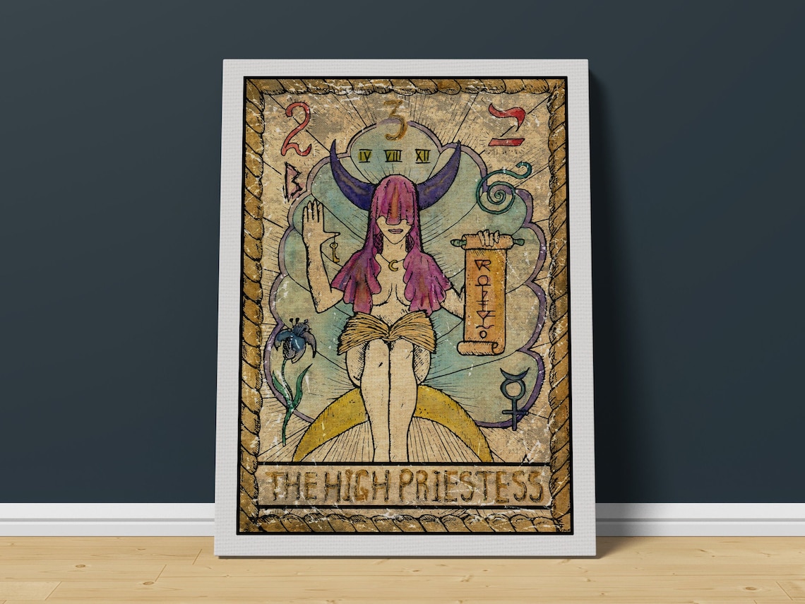 The High Priestess Tarot Card Art Moon Crown Seated Figure Vintage Poster - Image 3