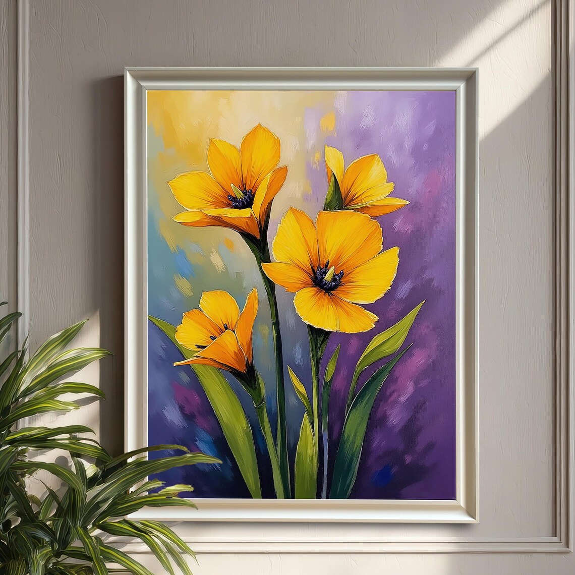 Yellow Floral Painting Poster Bold Blossoms Purple Background