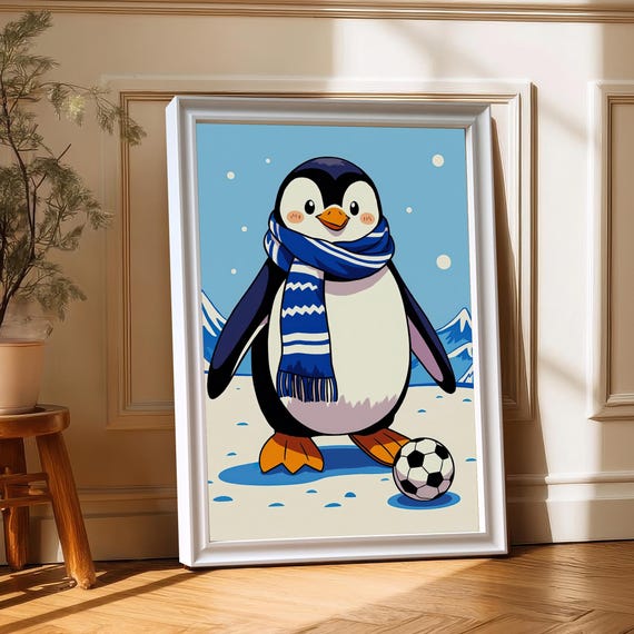 Penguin Soccer Art Print, Whimsical Children's Room