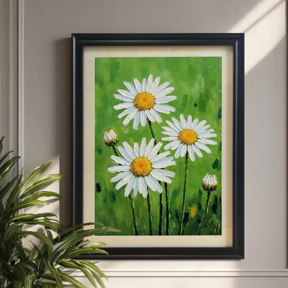 White Daisies On Green Textured Impasto Oil Painting Floral Poster