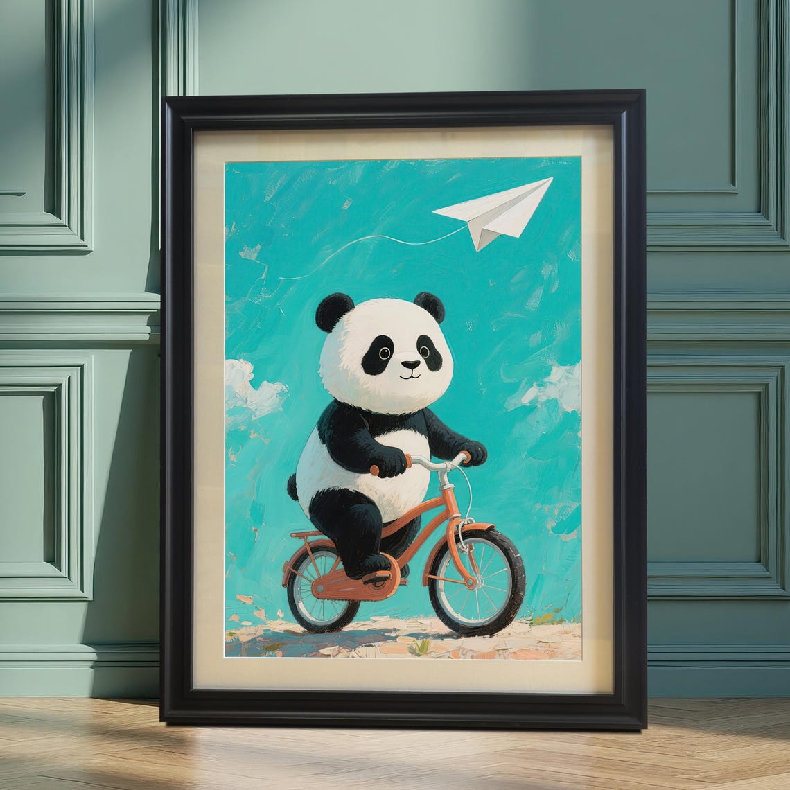 Charming Panda On Bicycle Wall Art Print Wood Framed Poster