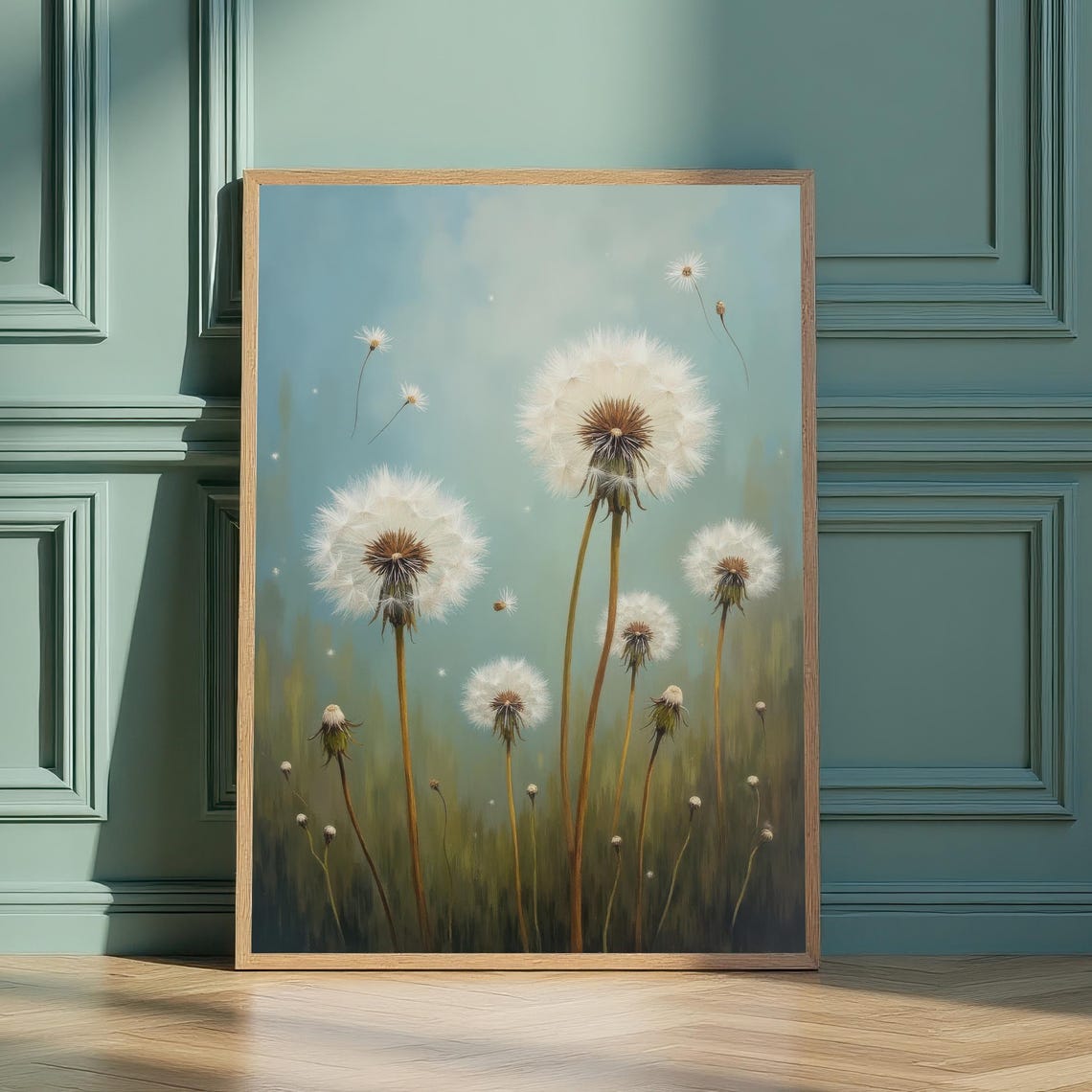 Whimsical Dandelion Seed Heads On Soft Blue Grey Wall Poster
