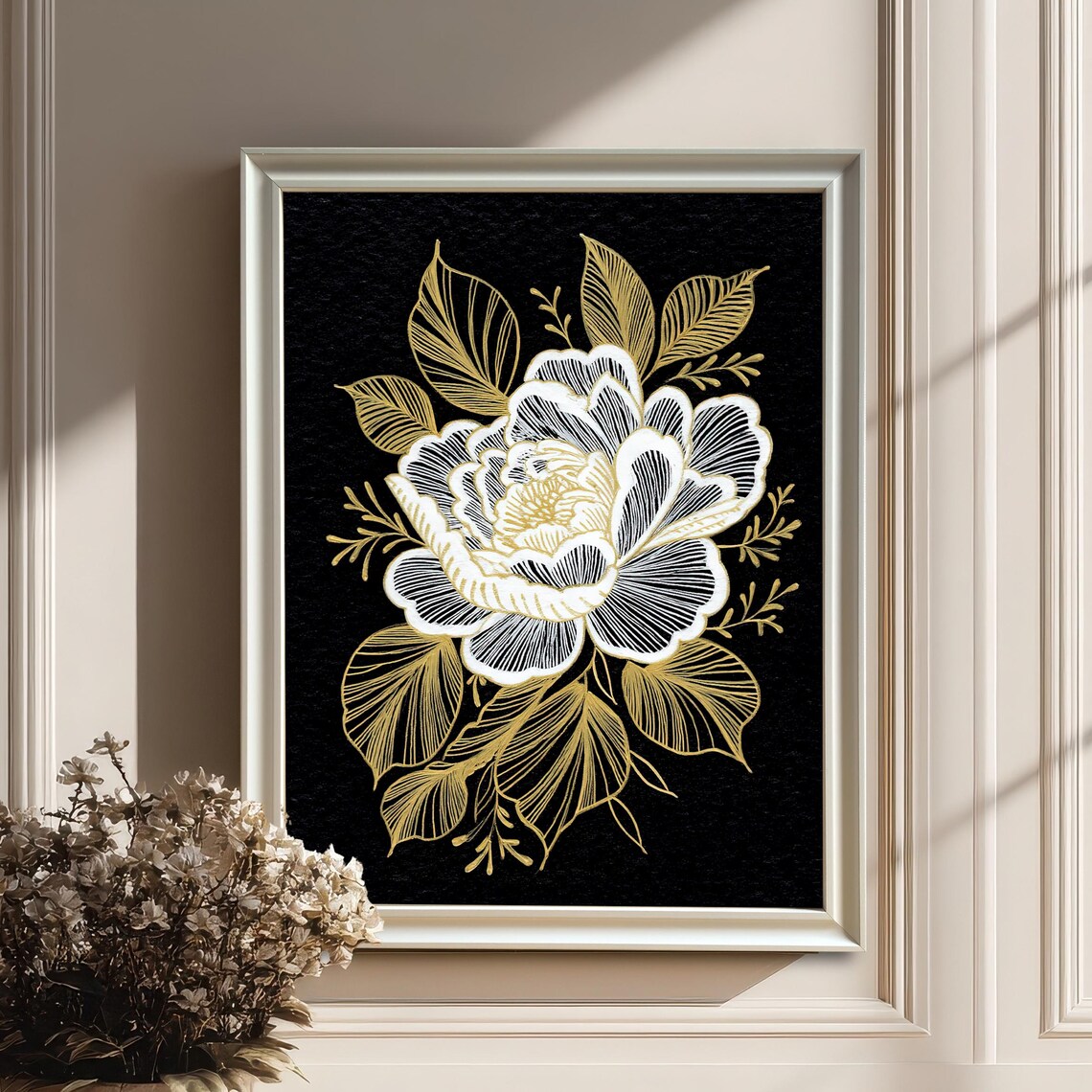 White And Gold Floral Line Art On Black Elegant Botanical Painting Poster