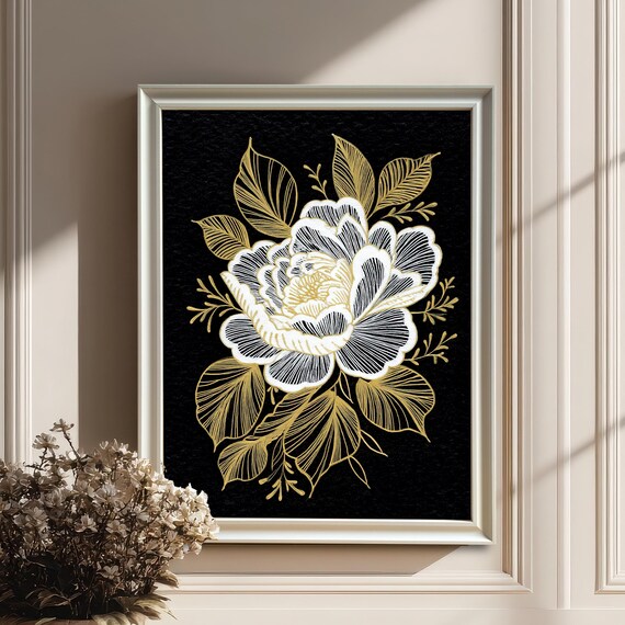 White And Gold Floral Line Art On Black Elegant Botanical Painting Poster