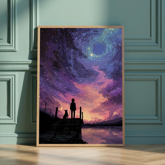 Dreamy Starry Night Sky Wall Art Boy Dog On Dock Print Cosmic Sunset Whimsical Decor