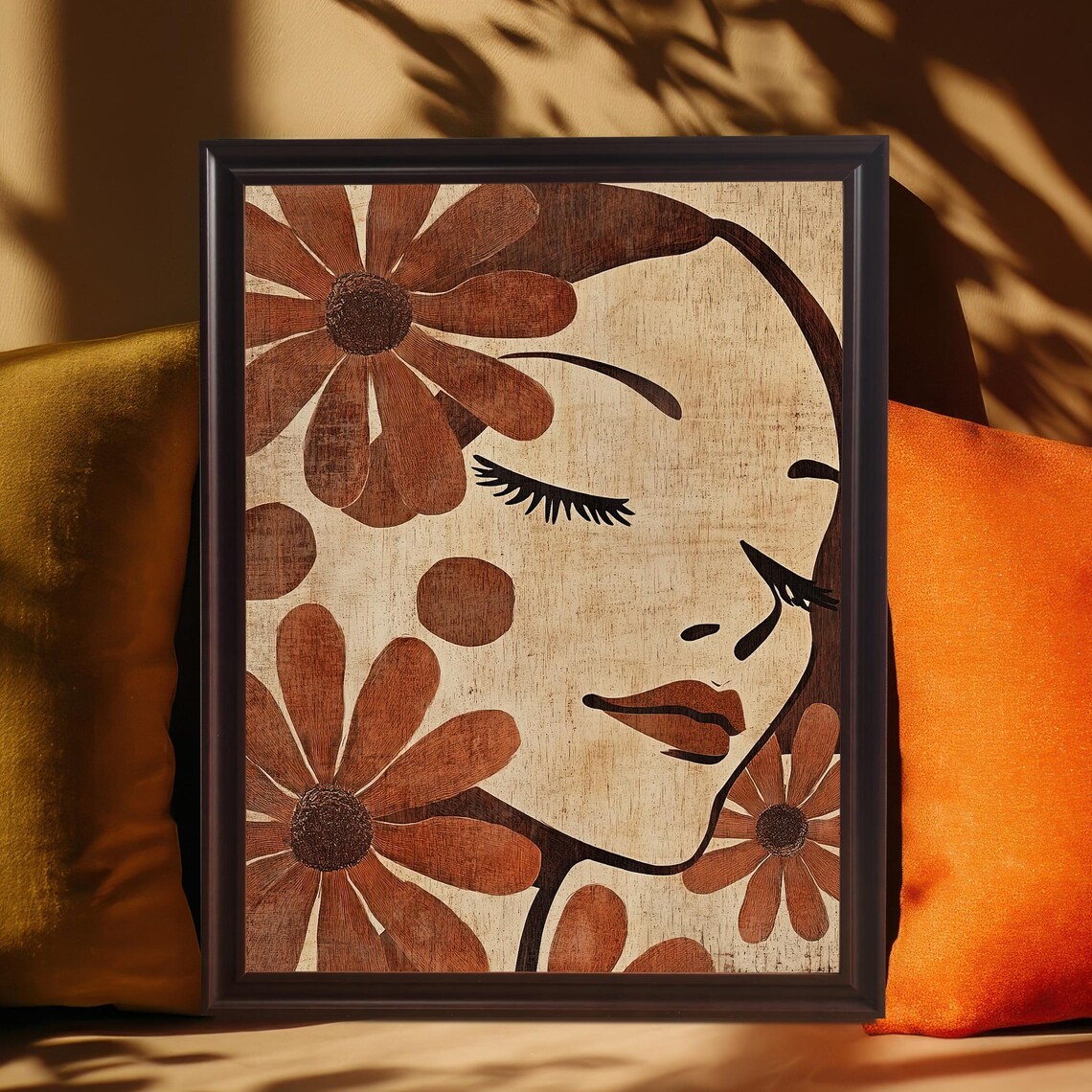 Boho Woman Face Mid Century Modern Floral Portrait Profile Art Print