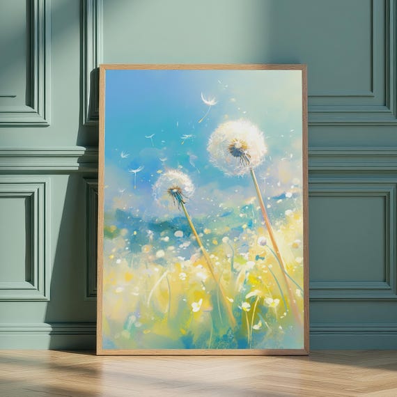 Dandelion Dreamscape Field Watercolor Wall Art Blue Sky Yellow Haze Print Serene Nature Decor