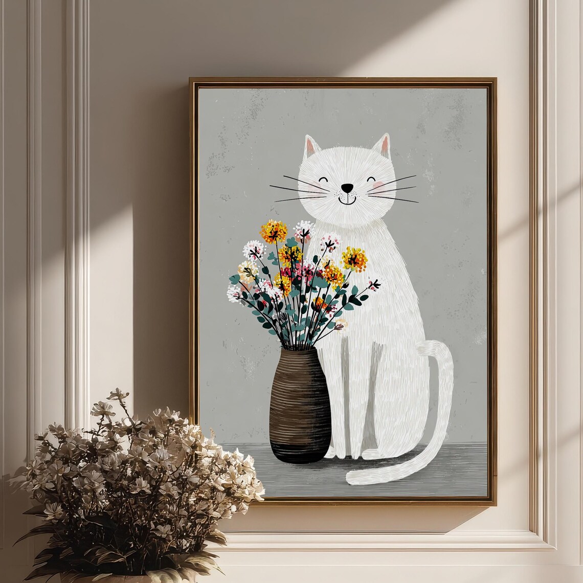 White Cat With Flower Vase Cute Whimsical Feline Illustration Print