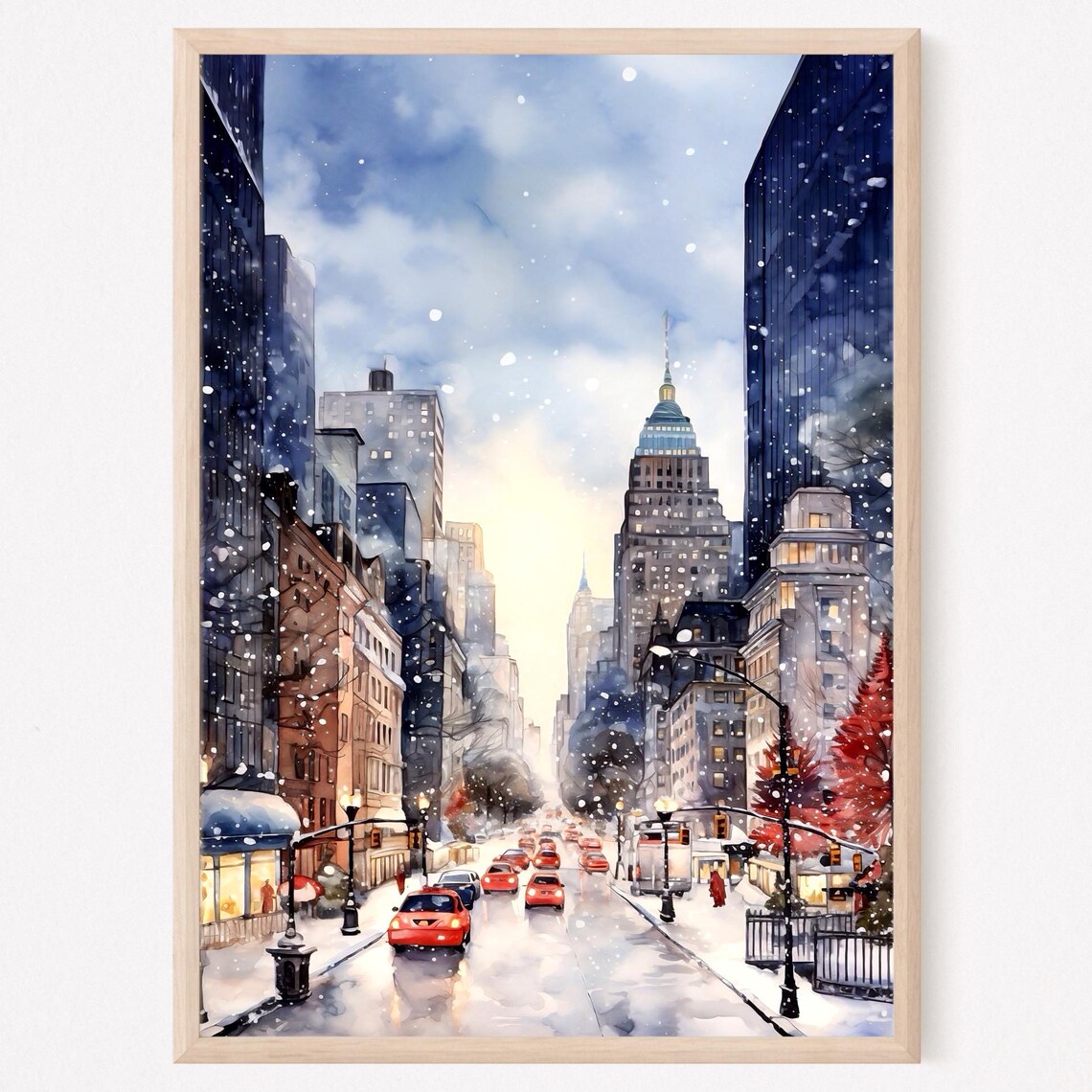 Snowy New York City Christmas Street Scene Watercolor Poster