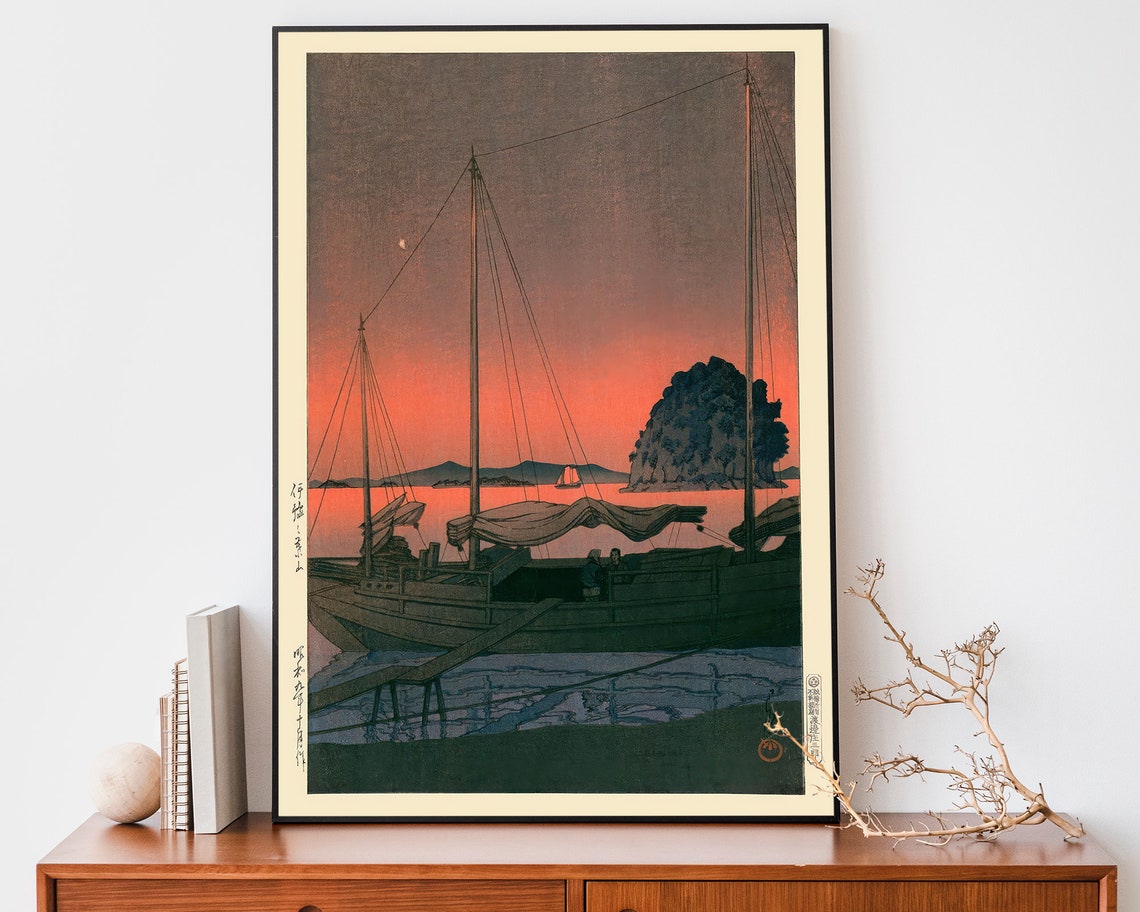 Japanese Sunset Harbor Sailboats Silhouette Woodblock Art Poster