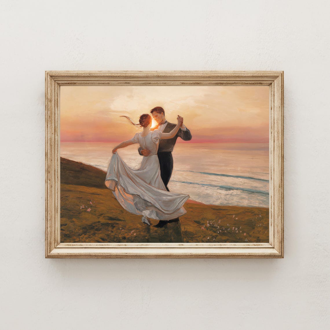 Couple Twirling Sunset Beach Dance Romantic Impressionist Art Poster