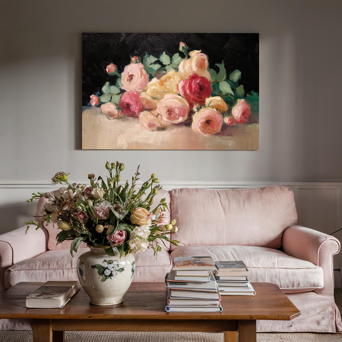 Pink Roses Bouquet Oil Painting Still Life Dark Moody Floral Poster - Image 4
