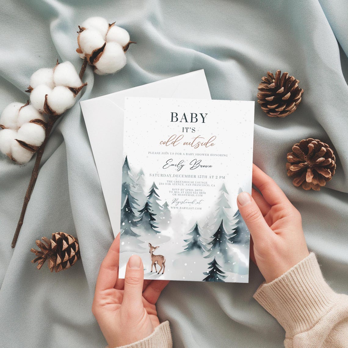 Baby Shower Invitation Winter Deer Pine Forest Cold Outside Print - Image 3