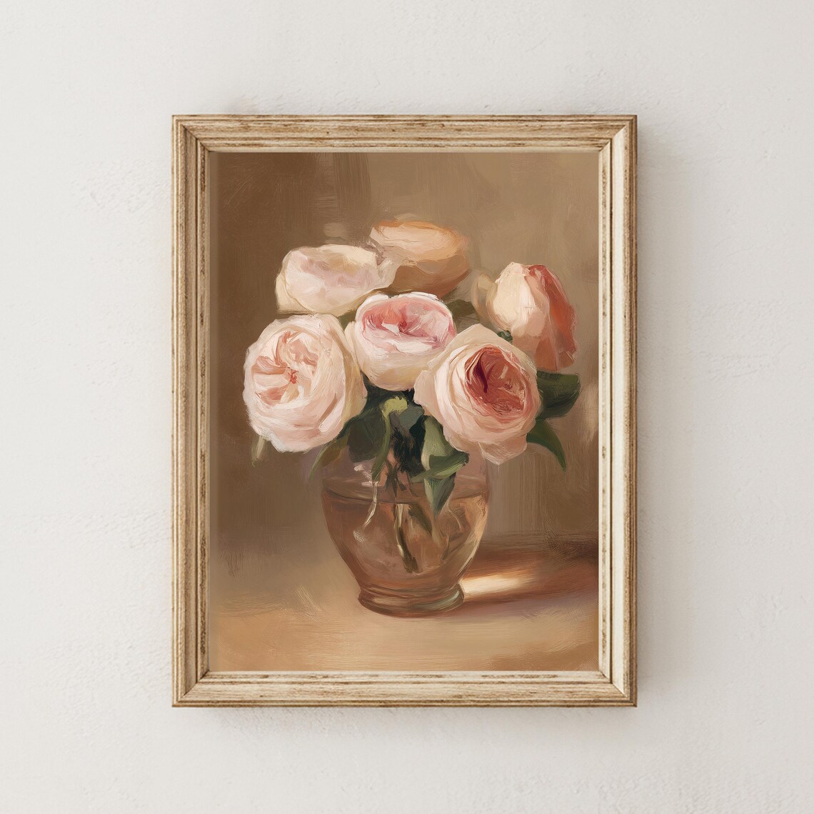 Blush Pink Garden Roses in Glass Vase Soft Warm Oil Painting Poster