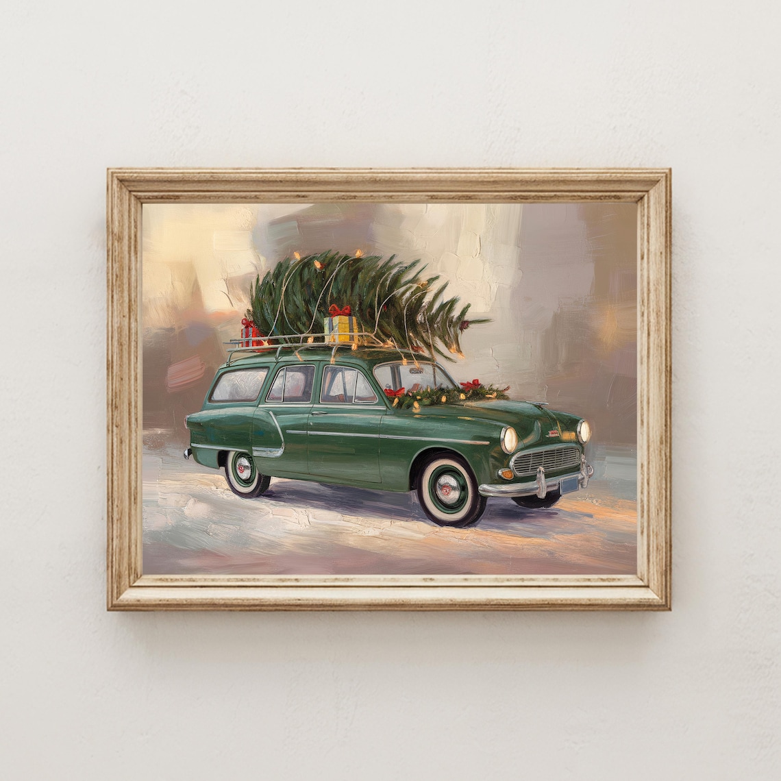 Vintage Green Station Wagon Christmas Tree Roof Painting Poster